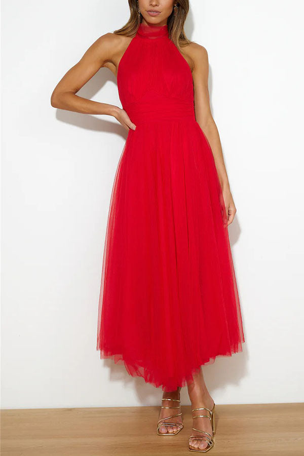 Aylin | Women's Sleeveless Halter-Neck Midi Prom Dress