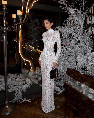 Raina | Women's High-Neck Long-Sleeve Corset-Inspired Lace Maxi Dress